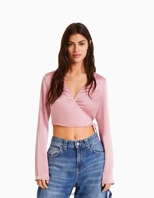 rosa Bershka mujer blusa de ballet cruzada con manga larga y acabado satinado 806J6B938