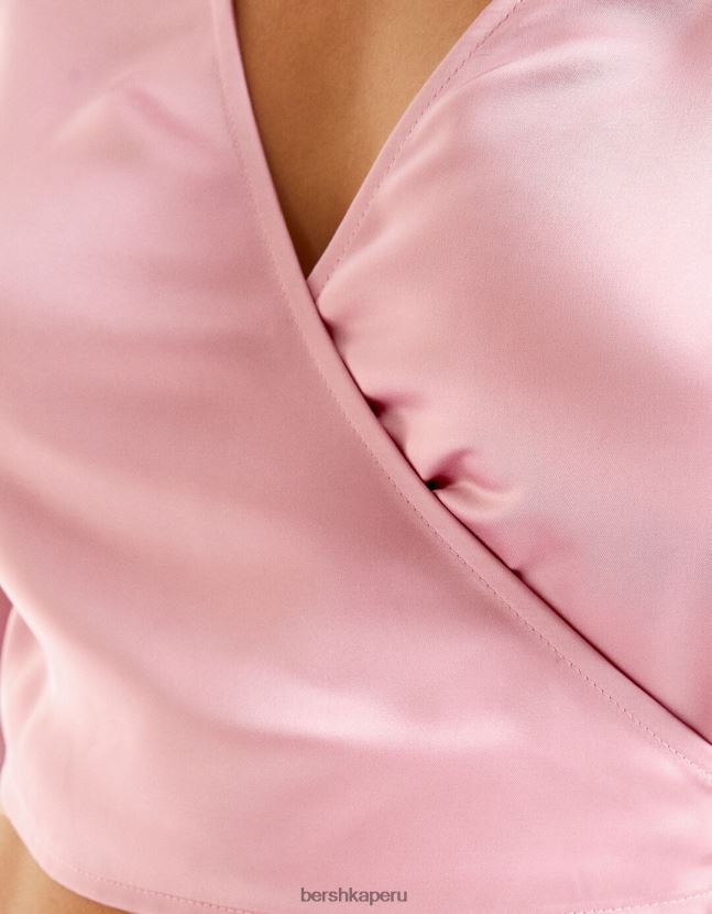 rosa Bershka mujer blusa de ballet cruzada con manga larga y acabado satinado 806J6B938