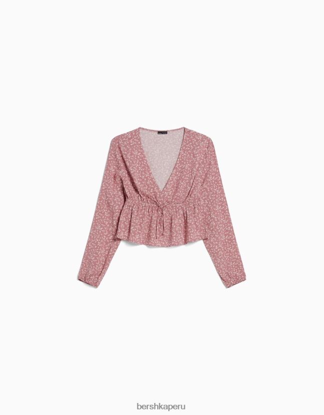 rosa Bershka mujer blusa de manga larga con estampado floral y lazo 806J6B949