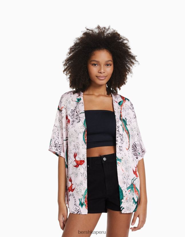 Violeta Bershka mujer camisa oversize de satén de manga corta estampada 806J6B936