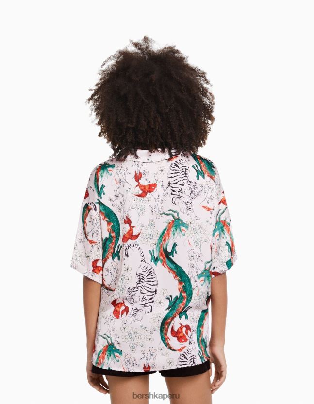 Violeta Bershka mujer camisa oversize de satén de manga corta estampada 806J6B936