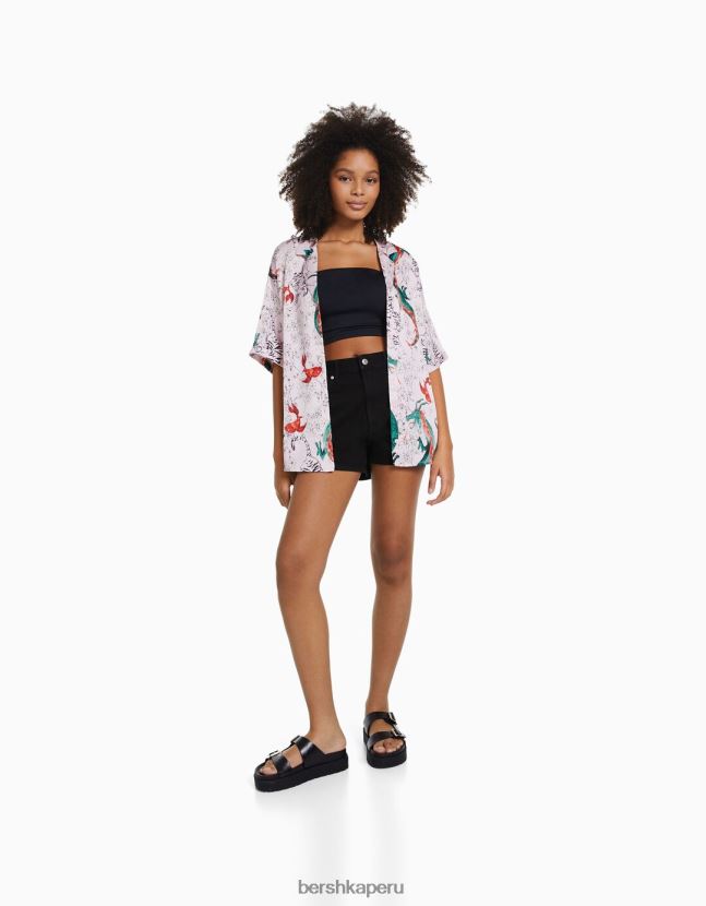 Violeta Bershka mujer camisa oversize de satén de manga corta estampada 806J6B936