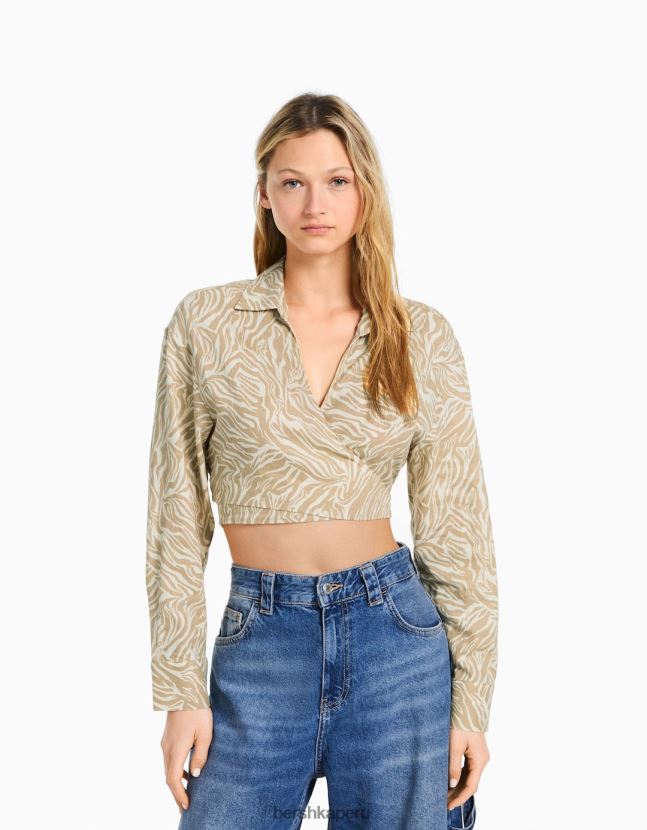 arena Bershka mujer camisa cruzada de manga larga de mezcla de lino 806J6B911