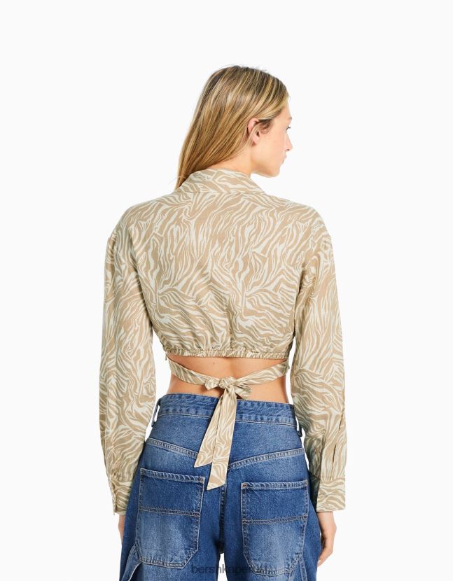 arena Bershka mujer camisa cruzada de manga larga de mezcla de lino 806J6B911