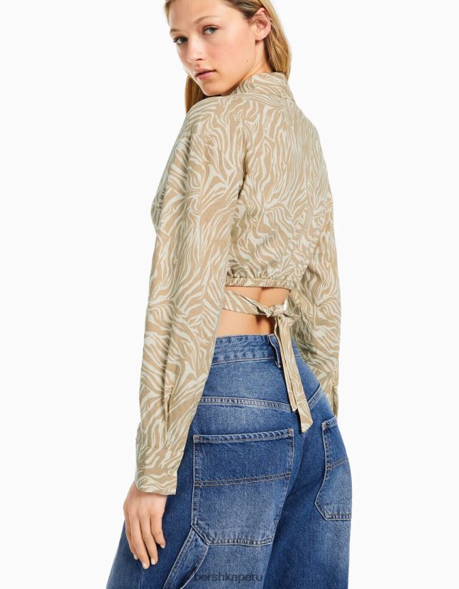 arena Bershka mujer camisa cruzada de manga larga de mezcla de lino 806J6B911