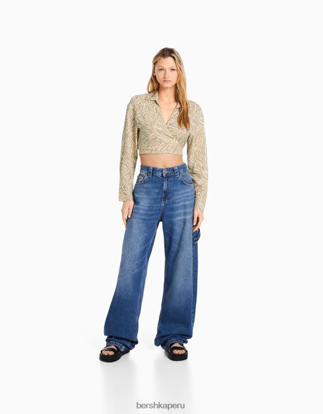 arena Bershka mujer camisa cruzada de manga larga de mezcla de lino 806J6B911