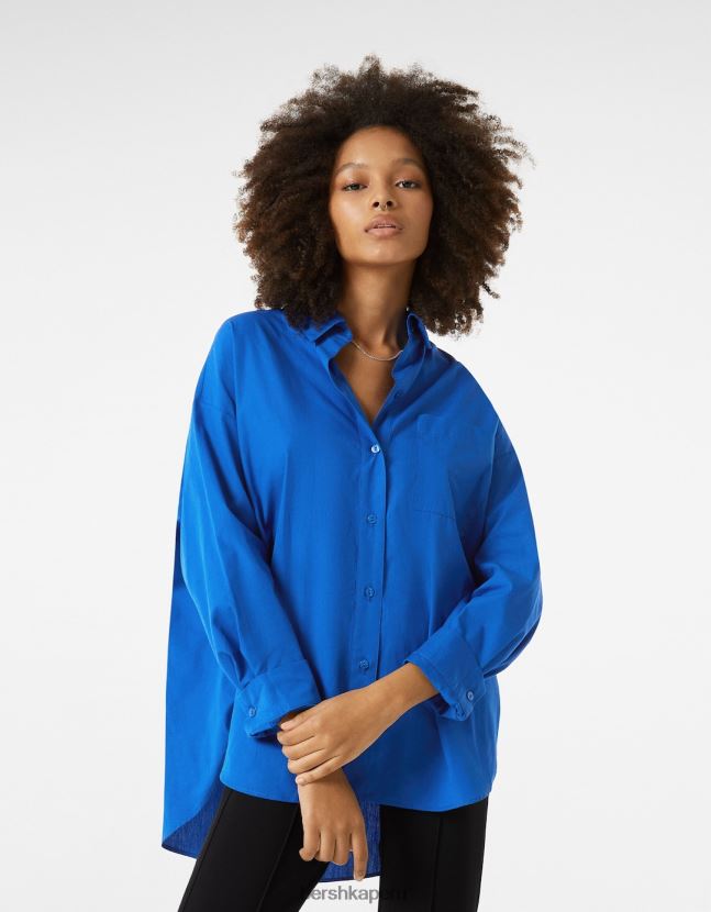 azul Bershka mujer camisa oversize de popelina de manga larga 806J6B945