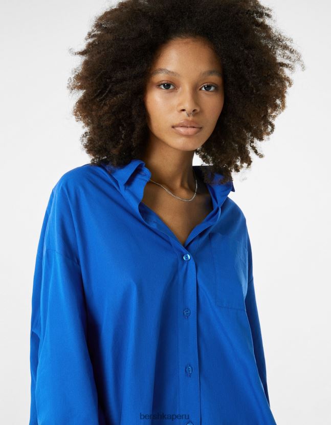 azul Bershka mujer camisa oversize de popelina de manga larga 806J6B945