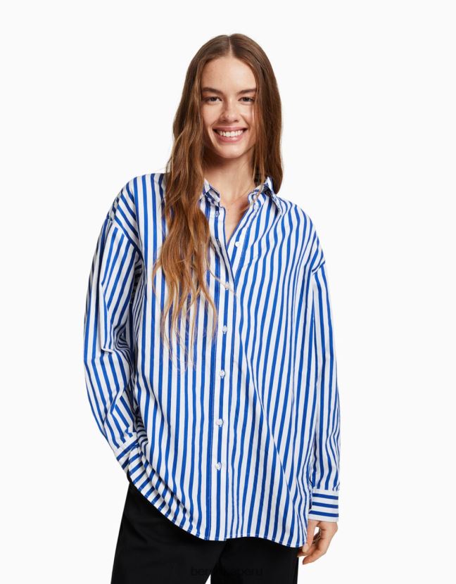 azul Bershka mujer camisa oversize de popelina de manga larga 806J6B946