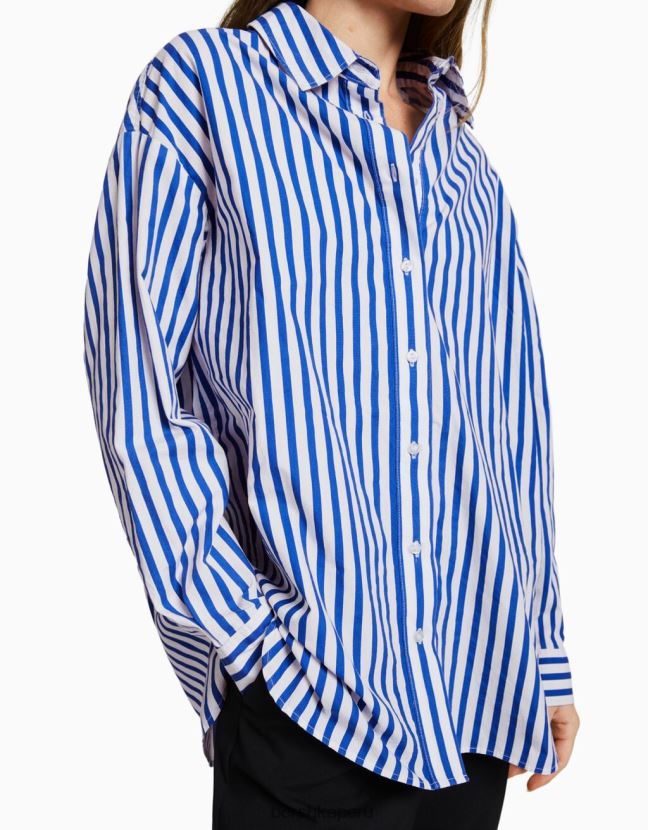azul Bershka mujer camisa oversize de popelina de manga larga 806J6B946