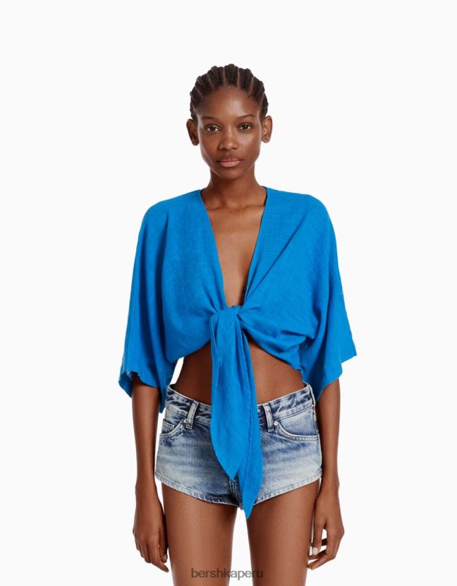 azul Bershka mujer camisa rústica manga corta 806J6B900