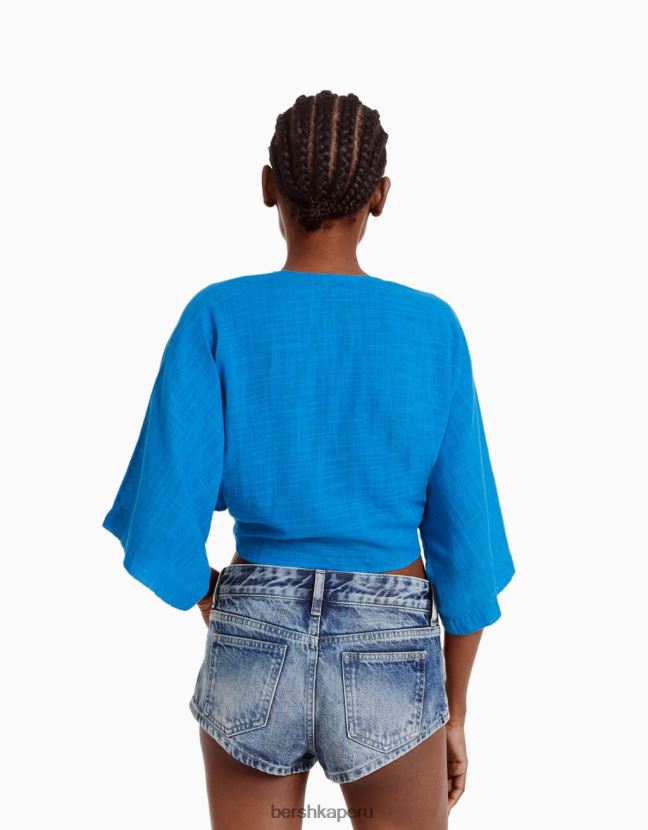 azul Bershka mujer camisa rústica manga corta 806J6B900