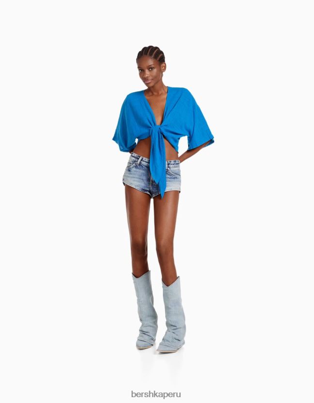 azul Bershka mujer camisa rústica manga corta 806J6B900