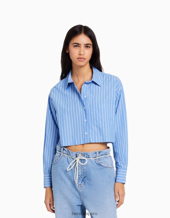 azul claro Bershka mujer camisa corta de popelín de manga larga 806J6B931