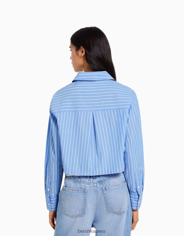 azul claro Bershka mujer camisa corta de popelín de manga larga 806J6B931