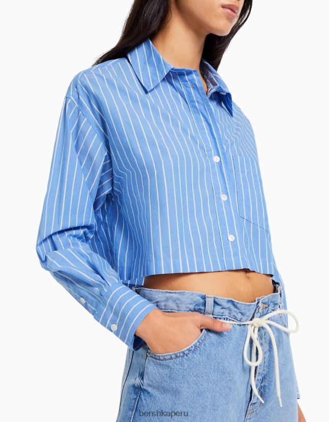 azul claro Bershka mujer camisa corta de popelín de manga larga 806J6B931