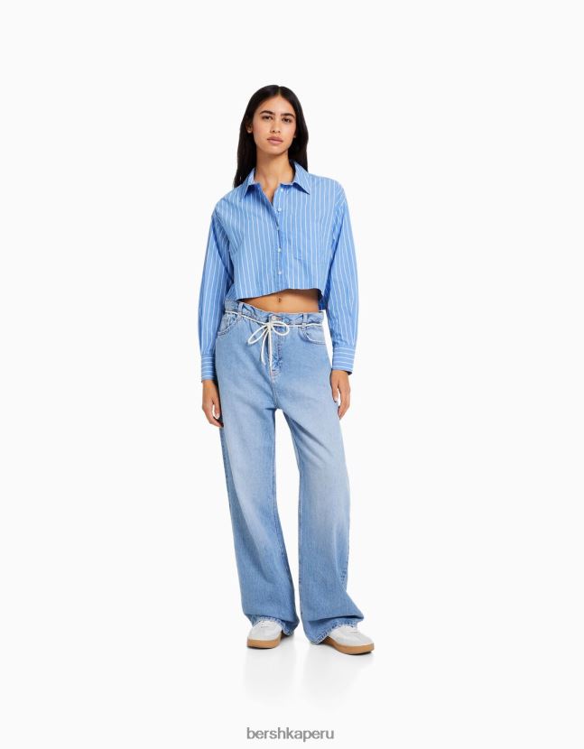 azul claro Bershka mujer camisa corta de popelín de manga larga 806J6B931