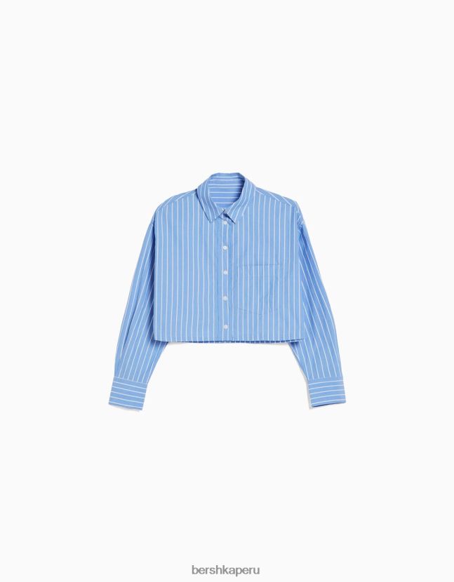 azul claro Bershka mujer camisa corta de popelín de manga larga 806J6B934