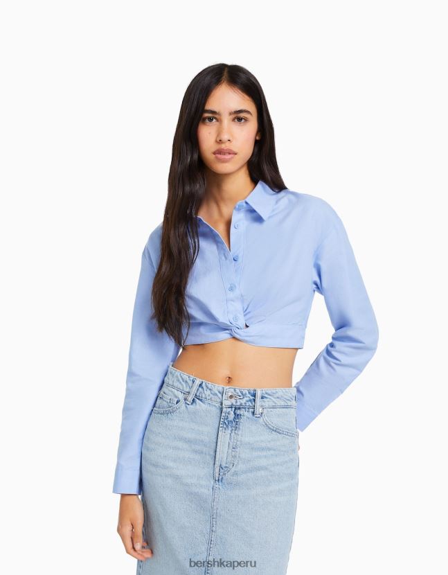 azul claro Bershka mujer camisa de manga larga con detalle cruzado en la parte delantera 806J6B921