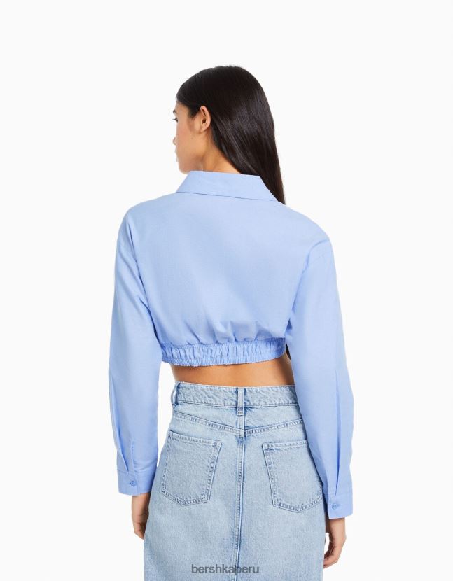 azul claro Bershka mujer camisa de manga larga con detalle cruzado en la parte delantera 806J6B921