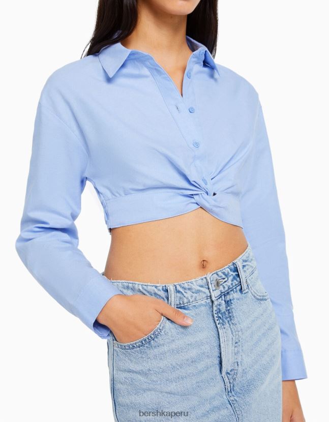 azul claro Bershka mujer camisa de manga larga con detalle cruzado en la parte delantera 806J6B921