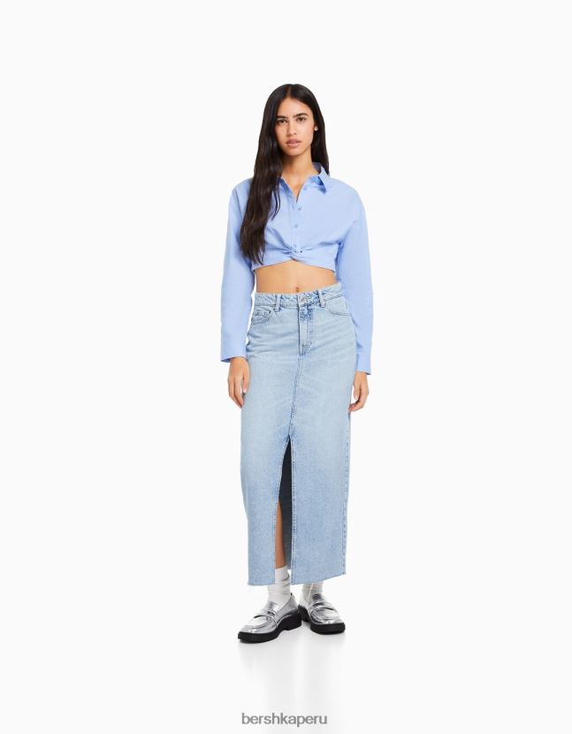 azul claro Bershka mujer camisa de manga larga con detalle cruzado en la parte delantera 806J6B921