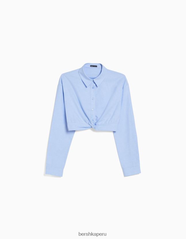 azul claro Bershka mujer camisa de manga larga con detalle cruzado en la parte delantera 806J6B921
