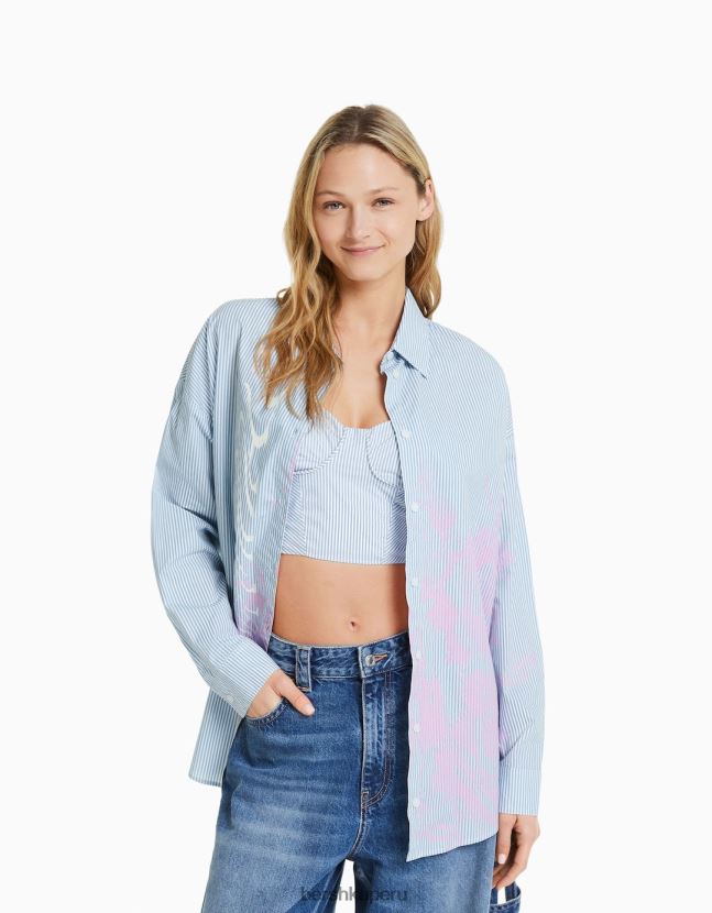 azul claro Bershka mujer camisa de popelina estampada a rayas de manga larga 806J6B941