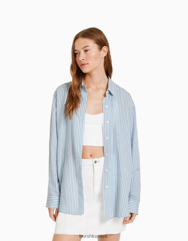 azul claro Bershka mujer camisa oversize de lino de manga larga 806J6B902