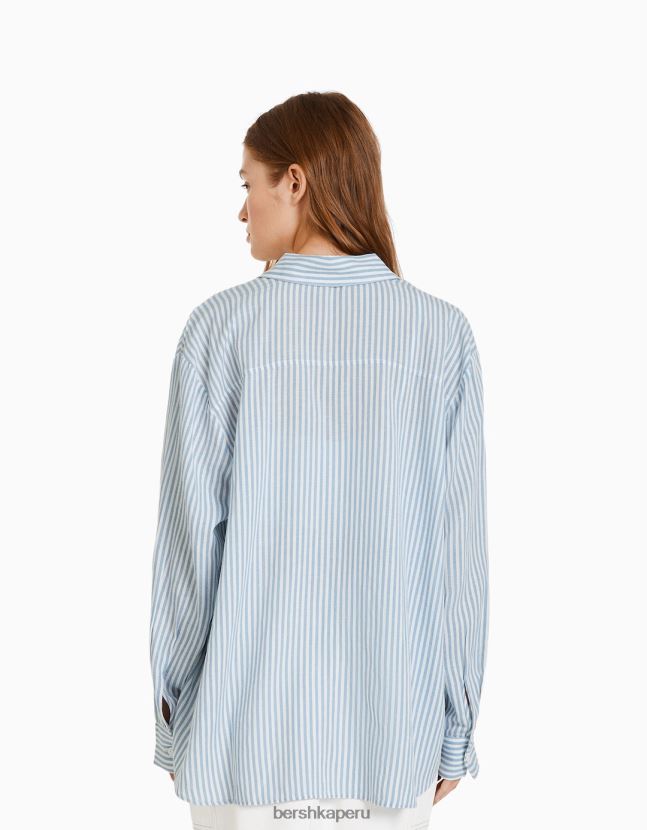 azul claro Bershka mujer camisa oversize de lino de manga larga 806J6B902