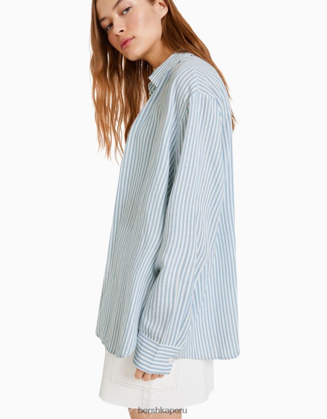 azul claro Bershka mujer camisa oversize de lino de manga larga 806J6B902