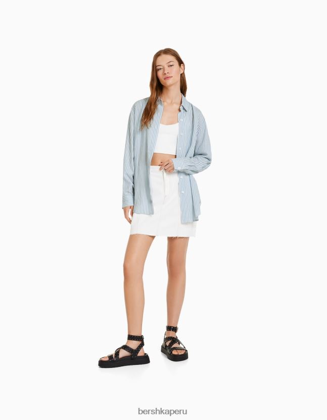 azul claro Bershka mujer camisa oversize de lino de manga larga 806J6B902