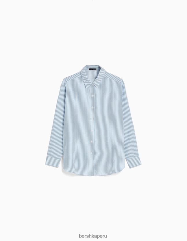 azul claro Bershka mujer camisa oversize de lino de manga larga 806J6B902