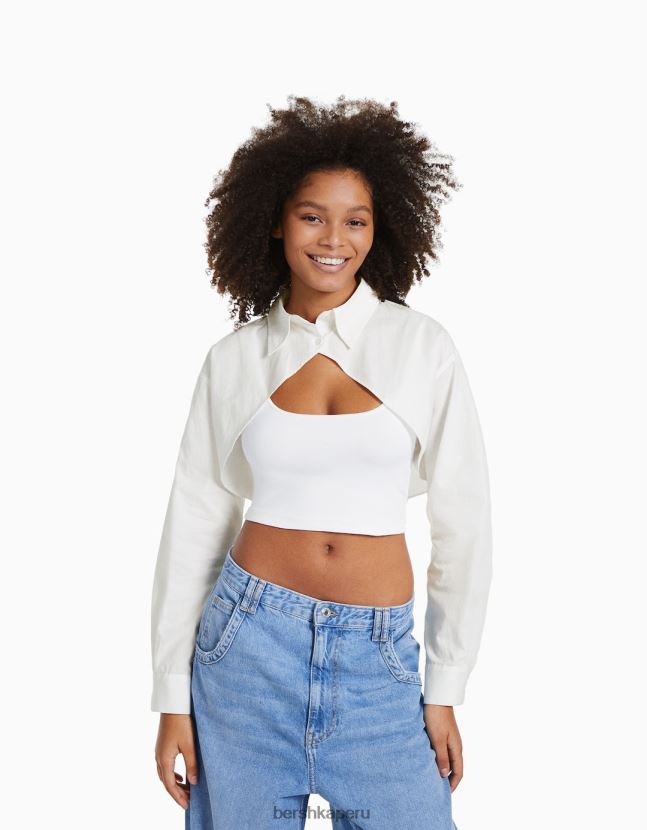 blanco Bershka mujer camisa corta cruzada de manga larga 806J6B901