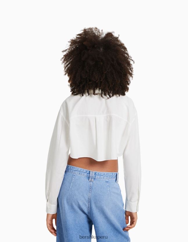 blanco Bershka mujer camisa corta cruzada de manga larga 806J6B901