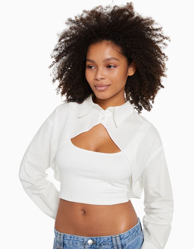 blanco Bershka mujer camisa corta cruzada de manga larga 806J6B901