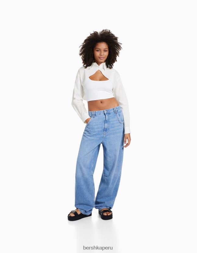 blanco Bershka mujer camisa corta cruzada de manga larga 806J6B901