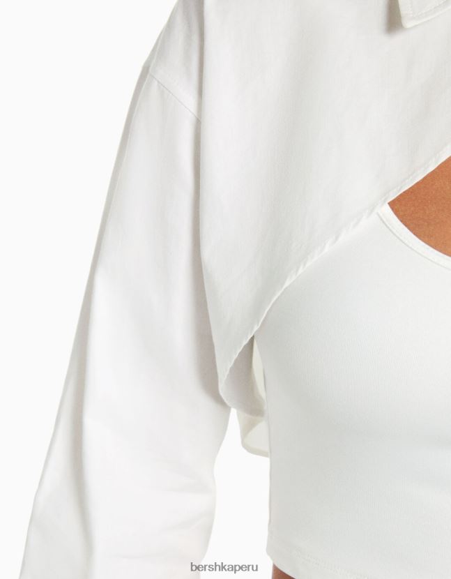 blanco Bershka mujer camisa corta cruzada de manga larga 806J6B901