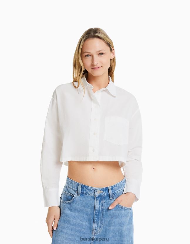 blanco Bershka mujer camisa corta de popelín de manga larga 806J6B933