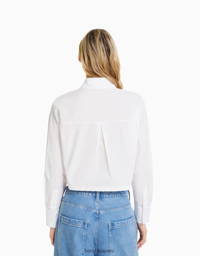 blanco Bershka mujer camisa corta de popelín de manga larga 806J6B933