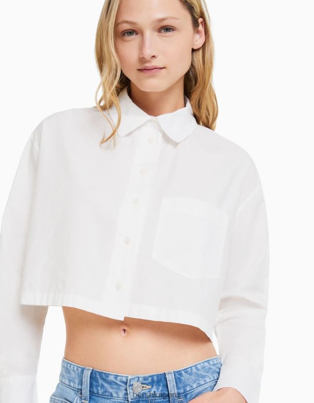 blanco Bershka mujer camisa corta de popelín de manga larga 806J6B933