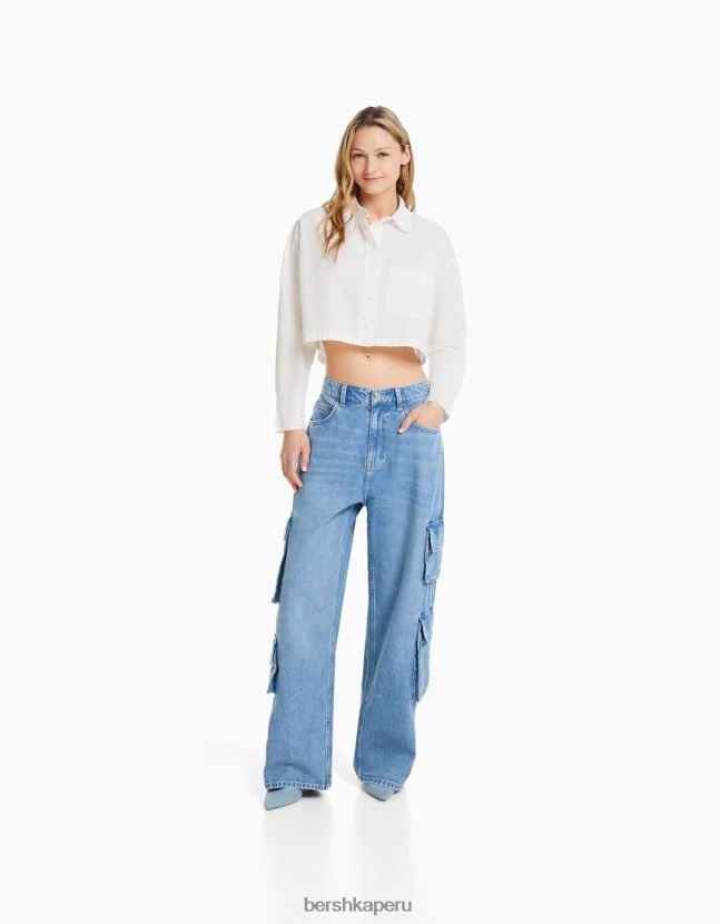 blanco Bershka mujer camisa corta de popelín de manga larga 806J6B933