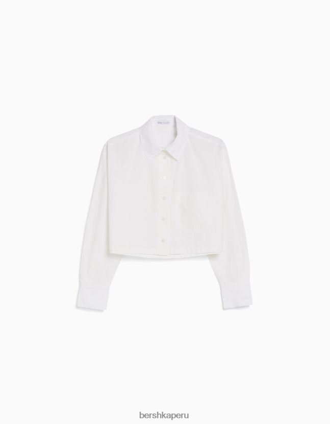 blanco Bershka mujer camisa corta de popelín de manga larga 806J6B933