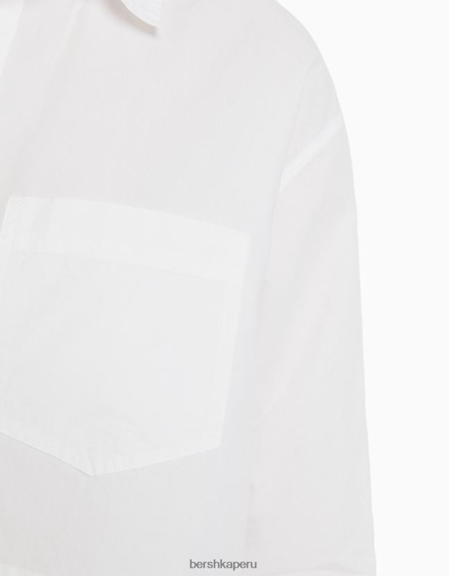 blanco Bershka mujer camisa corta de popelín de manga larga 806J6B933