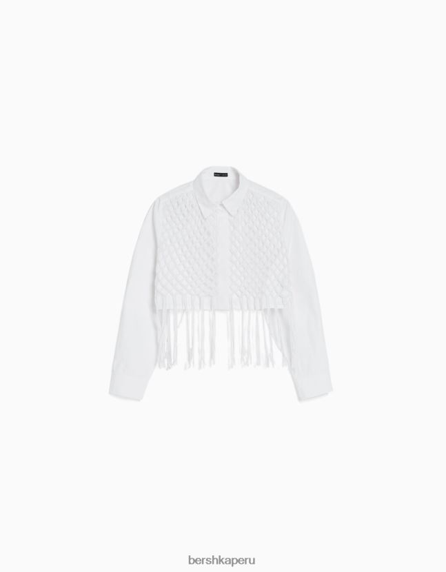 blanco Bershka mujer camisa cropped de manga larga con detalle de macramé 806J6B922