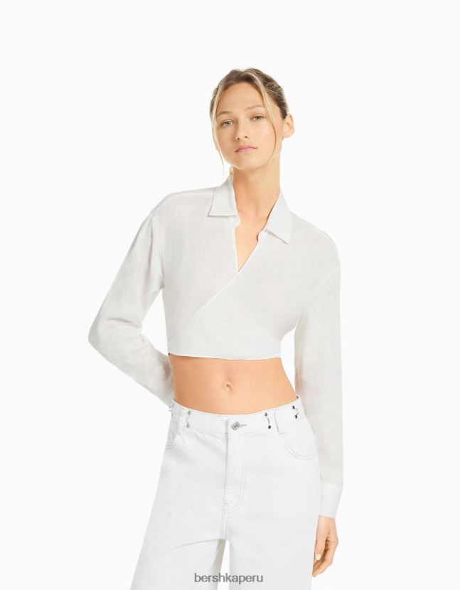 blanco Bershka mujer camisa cruzada de manga larga de mezcla de lino 806J6B909