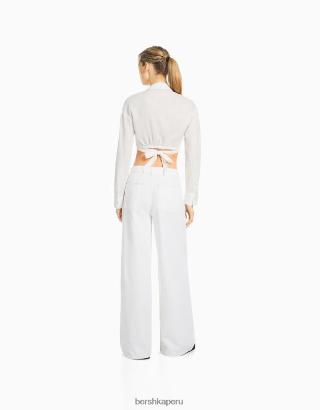 blanco Bershka mujer camisa cruzada de manga larga de mezcla de lino 806J6B909