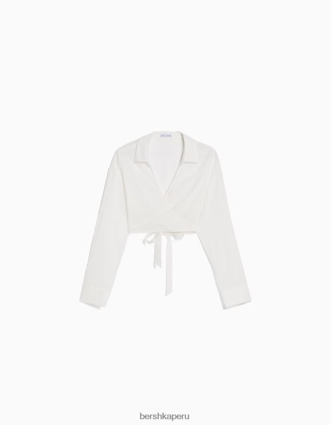 blanco Bershka mujer camisa cruzada de manga larga de mezcla de lino 806J6B909