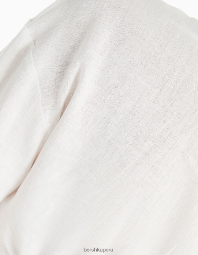 blanco Bershka mujer camisa cruzada de manga larga de mezcla de lino 806J6B909