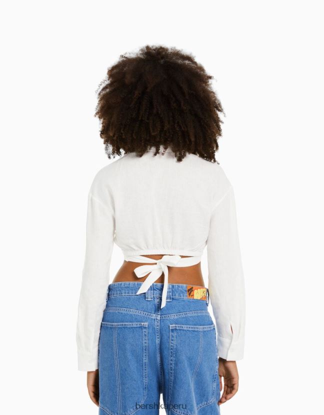 blanco Bershka mujer camisa cruzada de manga larga de mezcla de lino 806J6B910
